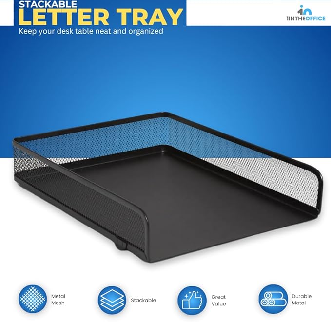 1InTheOffice Stackable Letter Tray, Matte Black Wire Mesh Front-Load Letter Tray - Image 2