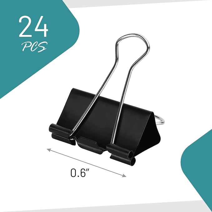 Binder Clips - 24 Mini Binder Clips, 0.6 Inch Black Paper Clamps, File Clip - Image 3