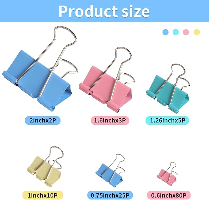 Joyberg 125Pcs Binder Clips Colored, Binder Clips Assorted Sizes, 6 Sizes - Image 2