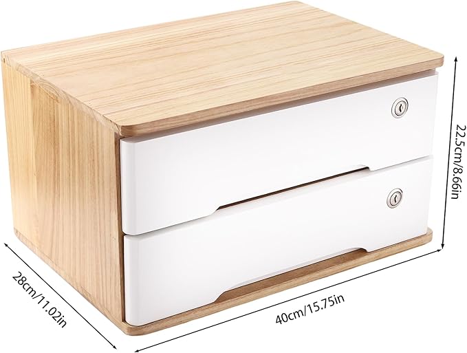 Lockable Desk Organizer Wooden Desktop Drawers Office Flat Files Storage Box - Image 3