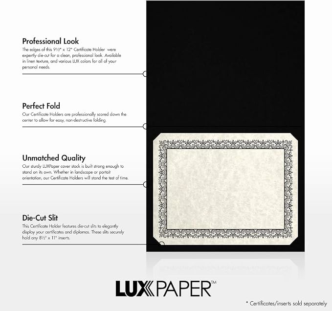 LUXPaper 9.5" x 12" Certificate Holders | Black Linen | Embossed Gold Foil - Image 2