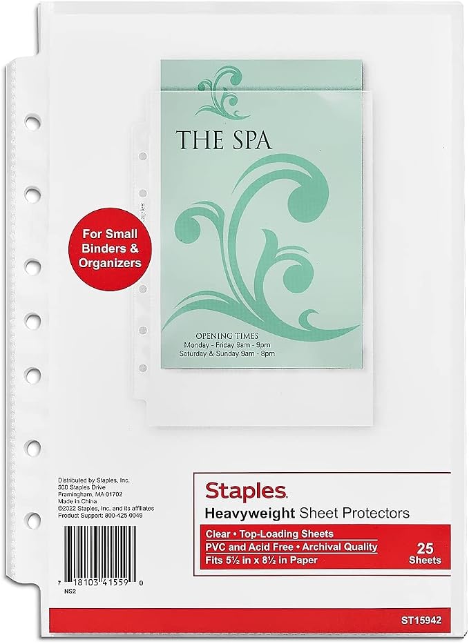 Staples 7‑Hole Punched Sheet Protectors, 5.5 x 8.5 Mini Size, Bulk 75‑Count by Staples