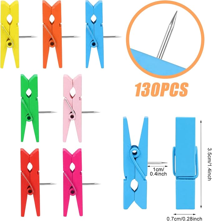 130 PCS Colorful Push Pin with Wooden Clips, Durable Wooden Push Pins, - Image 2
