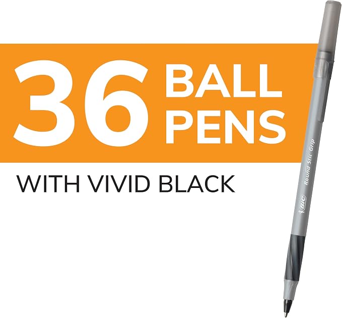 BIC Round Stic Grip Xtra Comfort Black Ballpoint Pens, Medium Point, 36-Count - Image 2