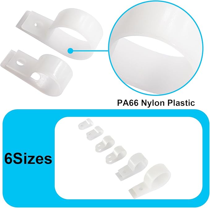 TWTADE 306PCS White Cable Clamps Assortment Kit, Nylon Plastic R-Type 6 Sizes - Image 3