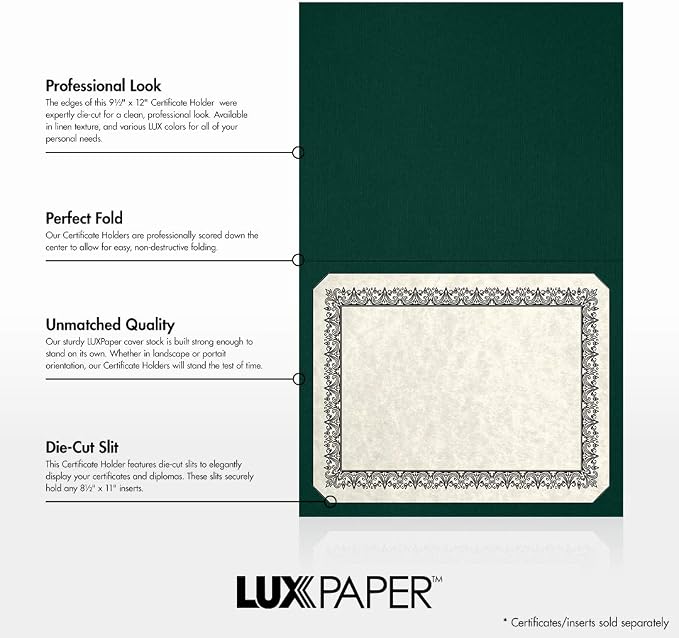 LUXPaper 9.5" x 12" Certificate Holders | Green Linen | 100lb. Cover | 250 Qty - Image 2