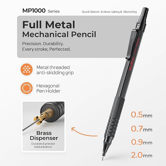 Nicpro 45PCS Black & Silver Metal Mechanical Pencil Set in Leather Case - Image 4