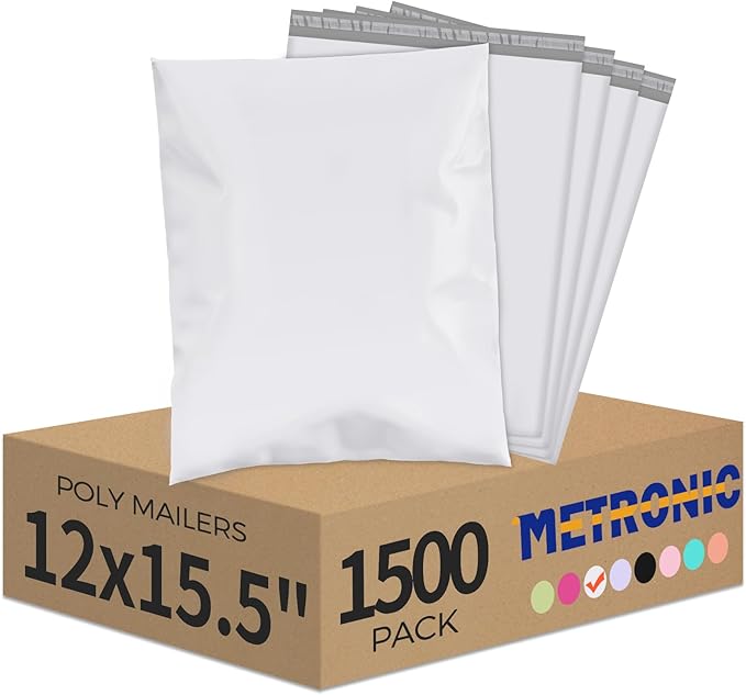 Metronic Poly Mailers 12x15.5 1500 Pack White, Medium Size Shipping Bags Bulk by METRONIC