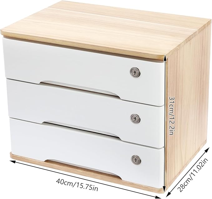Lockable Desk Organizer Wooden Desktop Drawers Office Flat Files Storage Box - Image 3