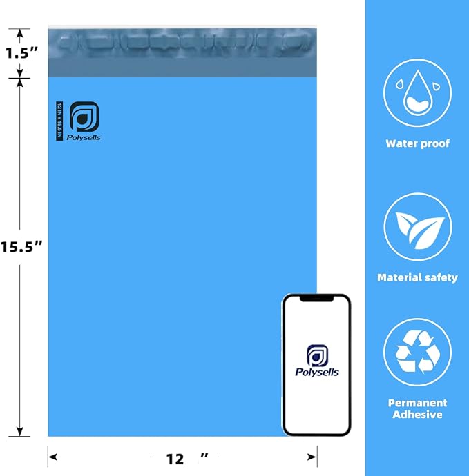 POLYSELLS 100 pcs 12x15.5 Inches Blue Poly Mailers Shipping Envelopes, Strong - Image 2