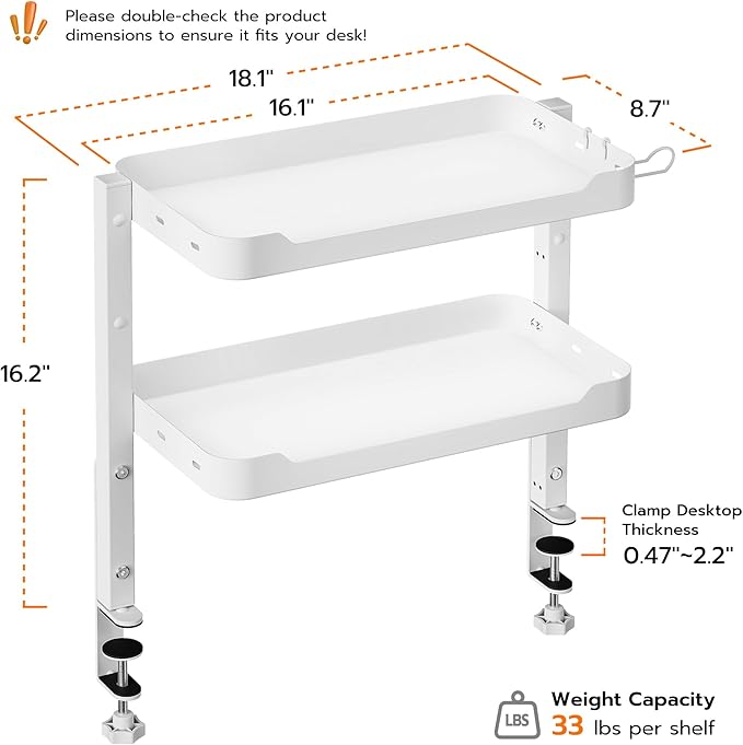 ARES WING 2-Tier Clamp On Desk Shelf, 16 inch Adjustable Above or Under Desk - Image 2