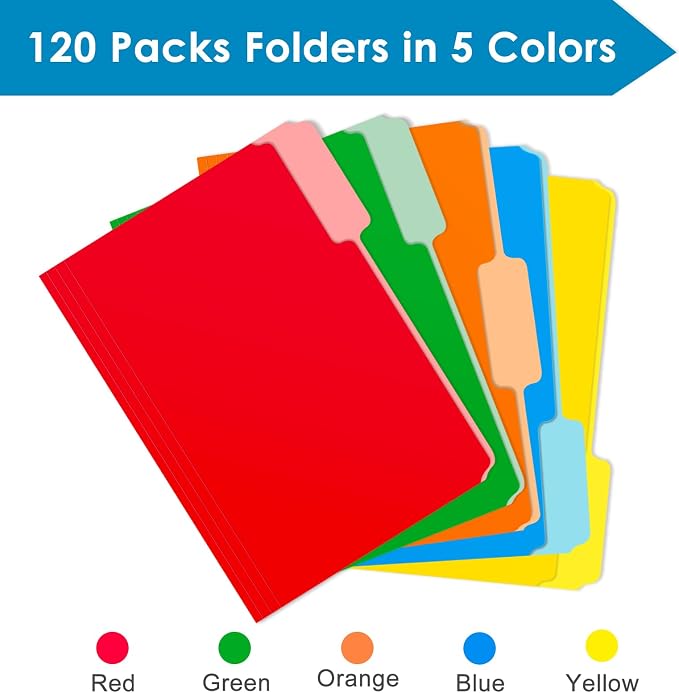 WEMEMORN 120-Pack Assorted Color File Folders, 8.5 x 11 Inch, 1/3 Cut Tab - Image 2