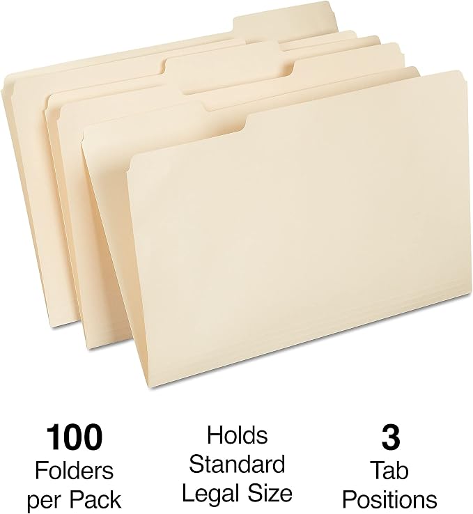 Staples File Folders, Legal Size, 1/3‑Cut Tabs, Durable Paper Stock, 200/Carton - Image 4