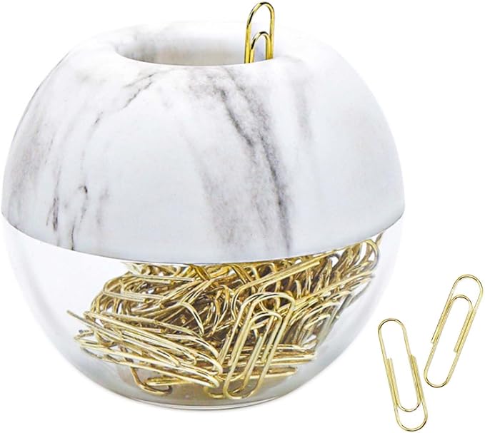 100pcs 28mm Gold Paper Clips Medium in White Marble Paper Clips Holder by MEIYITIAN