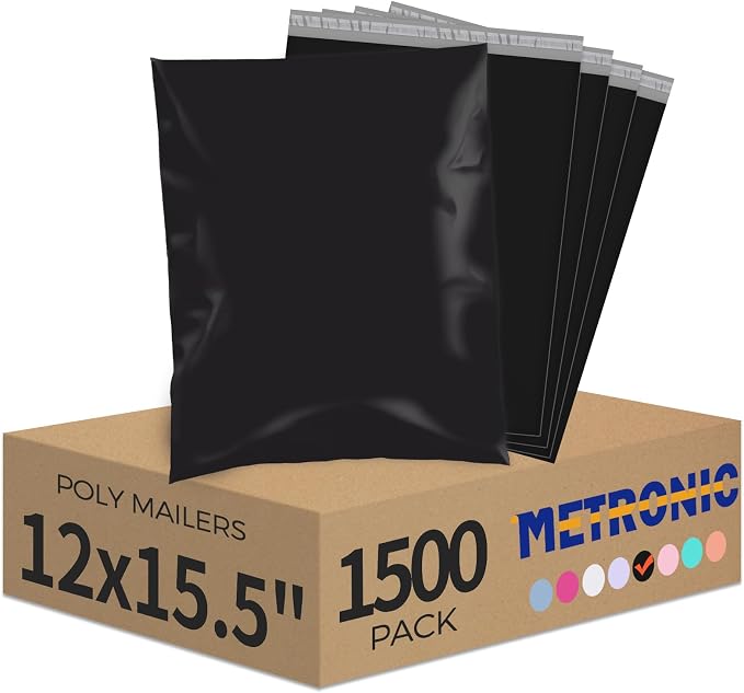Metronic Poly Mailers 12x15.5 1500 Pack Black, Medium Size Shipping Bags Bulk by METRONIC