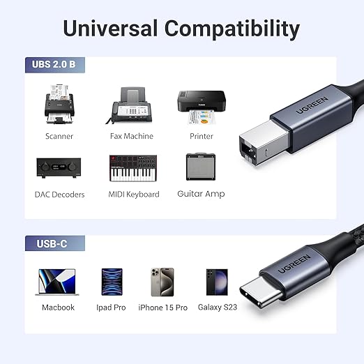 UGREEN USB C 3 FT Printer Cable, Nylon USB B to C Cord - Image 4