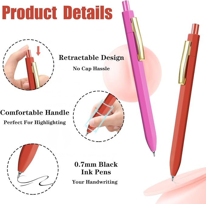 Piochoo Pens Ballpoint, 8 Pack Retractable Black Ink Pens, 0.7mm Medium Point - Image 2