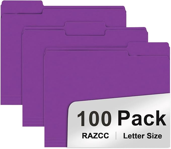 File Folder, RAZCC 100 Pack 1/3 Cut Tab File Folders Letter Size, Folders by RAZCC