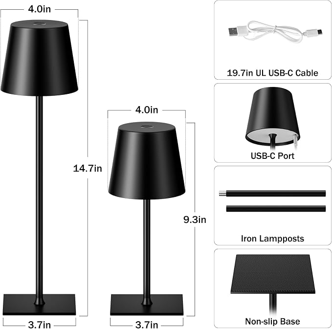 Kakanuo Black Cordless Rechargeable Table Lamp, 2 Pack Portable Desk Lamp - Image 5