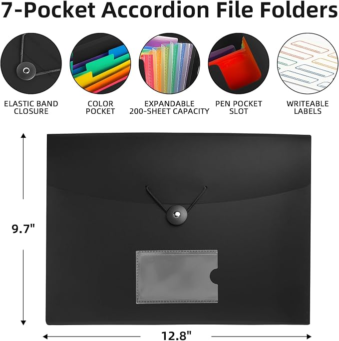3 Pack 7 Pocket Accordian File Organizer, Expanding File Folder - Image 2