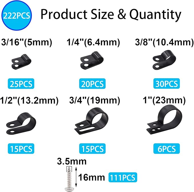 TWTADE 222PCS Black Cable Clamps Assortment Kit, Nylon Plastic R-Type 6 Sizes - Image 2