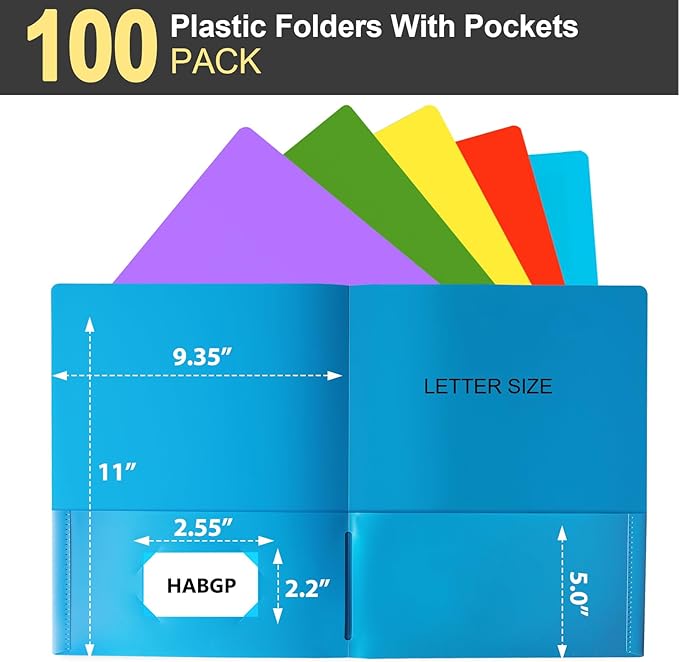 HABGP 100 Folders with Pockets, 5 Color Heavy Duty Plastic Two Pocket Folder - Image 2