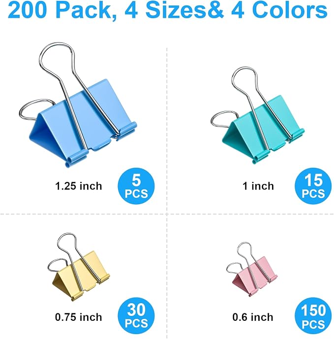 200 Count Colored Binder Clips Assorted Sizes, 4 Sizes Large, Metal Paper Clamps - Image 2