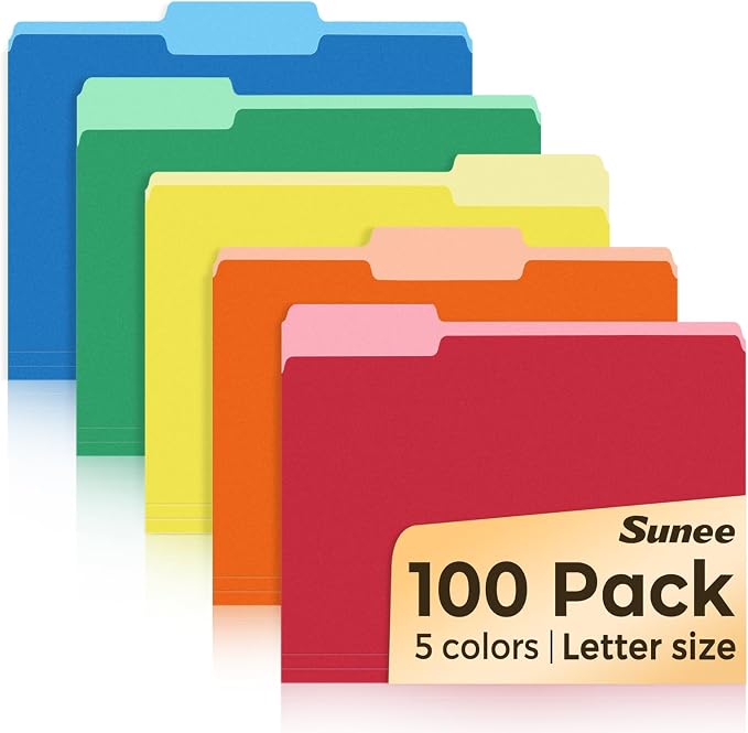 SUNEE File Folders Letter Size Assorted Colors, 100 Pack Manilla Folders 8.5 x by SUNEE