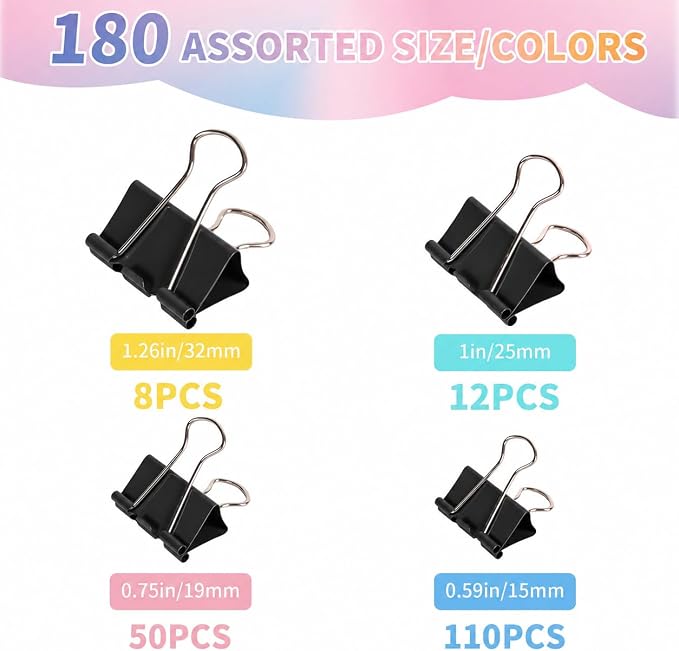 180Pcs Colorful Binder Clips Assorted Size, Metal Paper Clips - Image 3