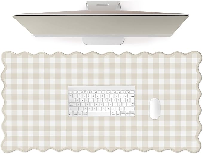 Scalloped‌ Beige Checkered Gingham Desk Mat Cute Pastel Large Mouse Pad Kawaii by Unknown
