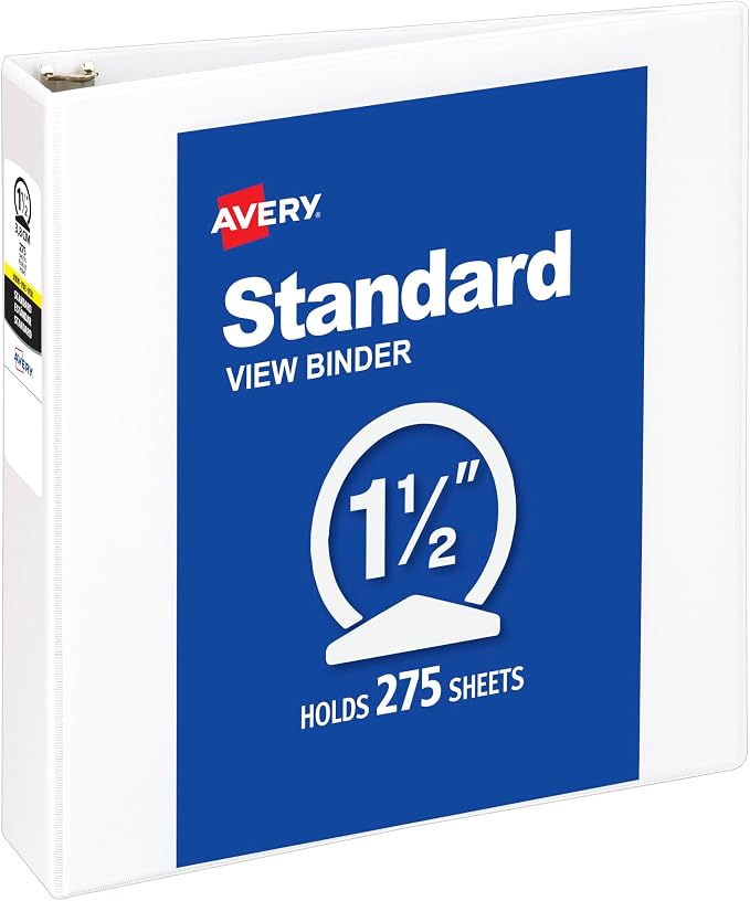 Avery Standard View 3 Ring Binder, 1.5" Round Rings, 275-Sheet Capacity by Avery