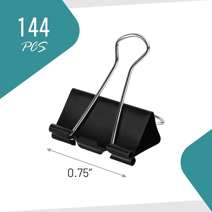 Binder Clips - 144 Small Binder Clips, 0.75 Inch Black Paper Clamps, File Clip - Image 3