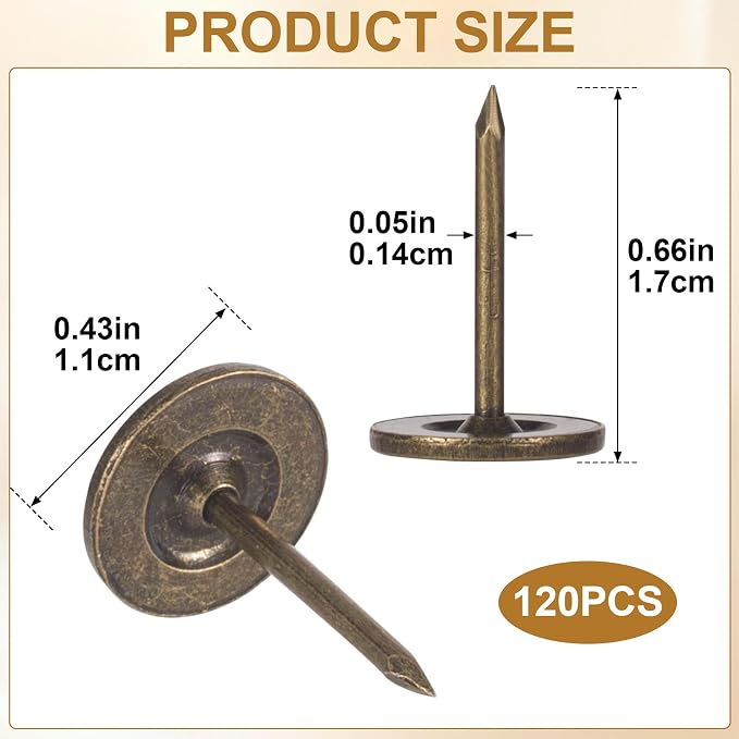 120pcs Metal Thumb Tacks, 0.43x0.66in, Bronze | Iron Made, Heavy Duty Flat Head - Image 2
