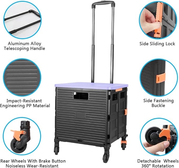 FELICON SELORSS Foldable Utility Cart Folding Portable Rolling Crate-Purple | - Image 2