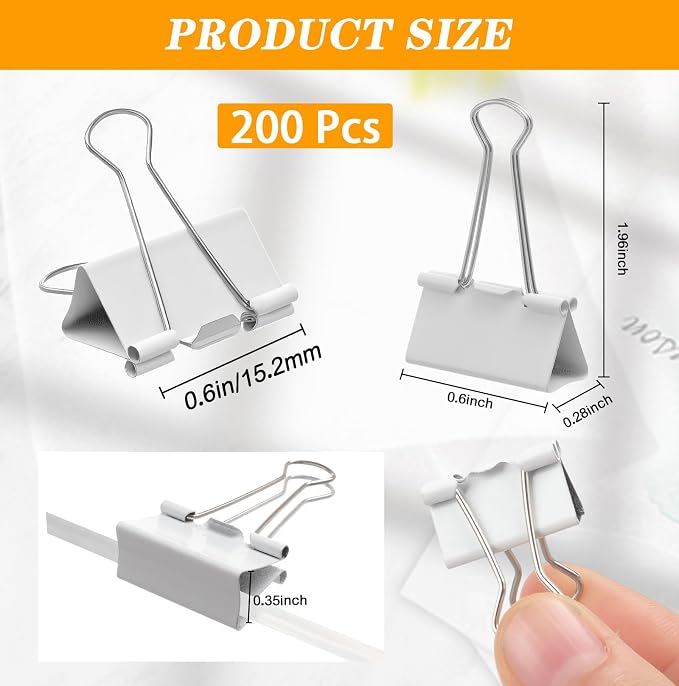 Jetec 200 Pack 0.6in/15mm White Metal Binder Clips Bulk Small Reusable Fold - Image 2
