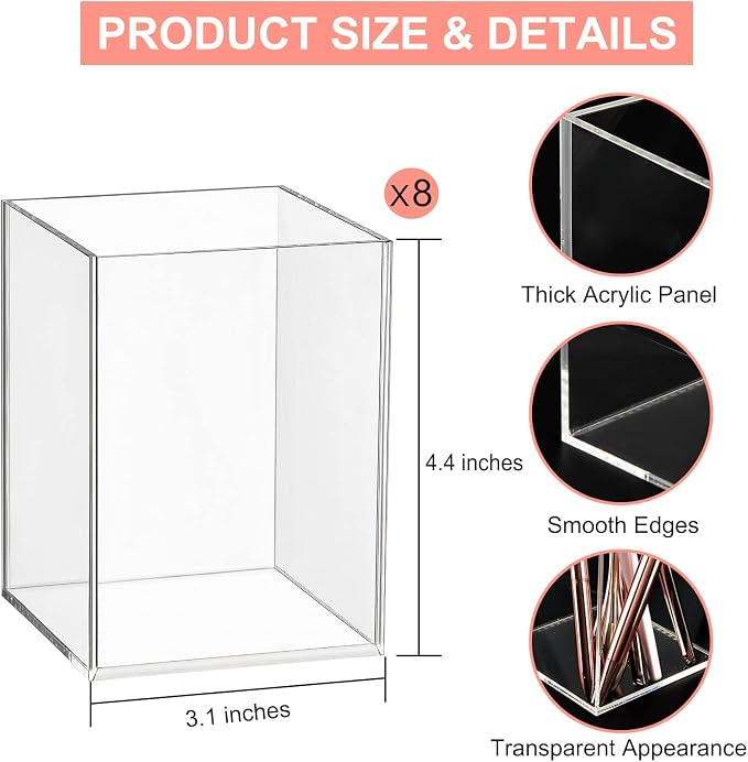 Mototo 8 Pieces Clear Acrylic Pen Holder Acrylic Pencil Cup Clear Makeup Bush - Image 2