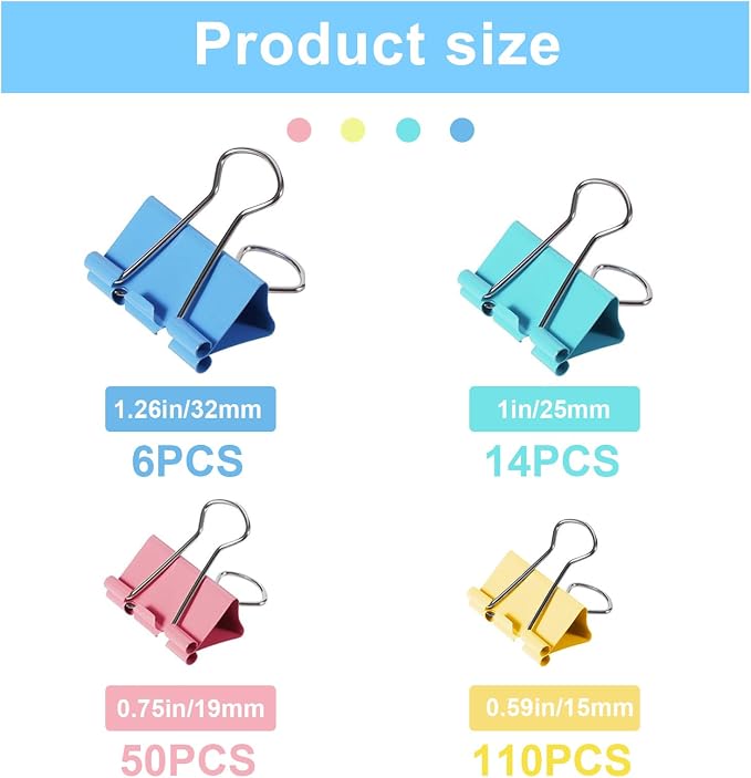 180 Pcs Binder Clips Assorted Sizes, Colored Binder Paper Clips Office Clips - Image 3