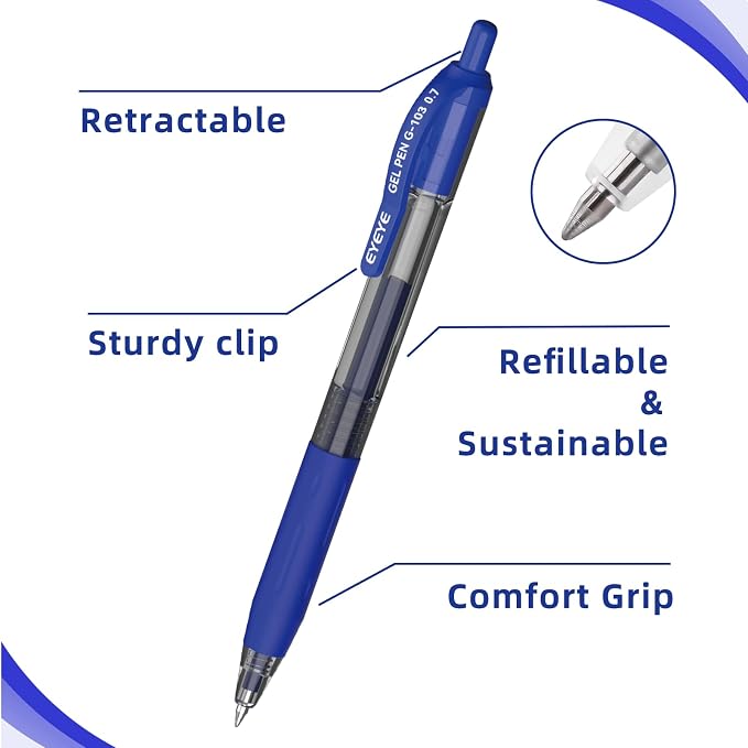 EYEYE G-103 Retractable Gel Blue Pens 0.7mm, 10 Pack Medium Point Ballpoint Pen - Image 3