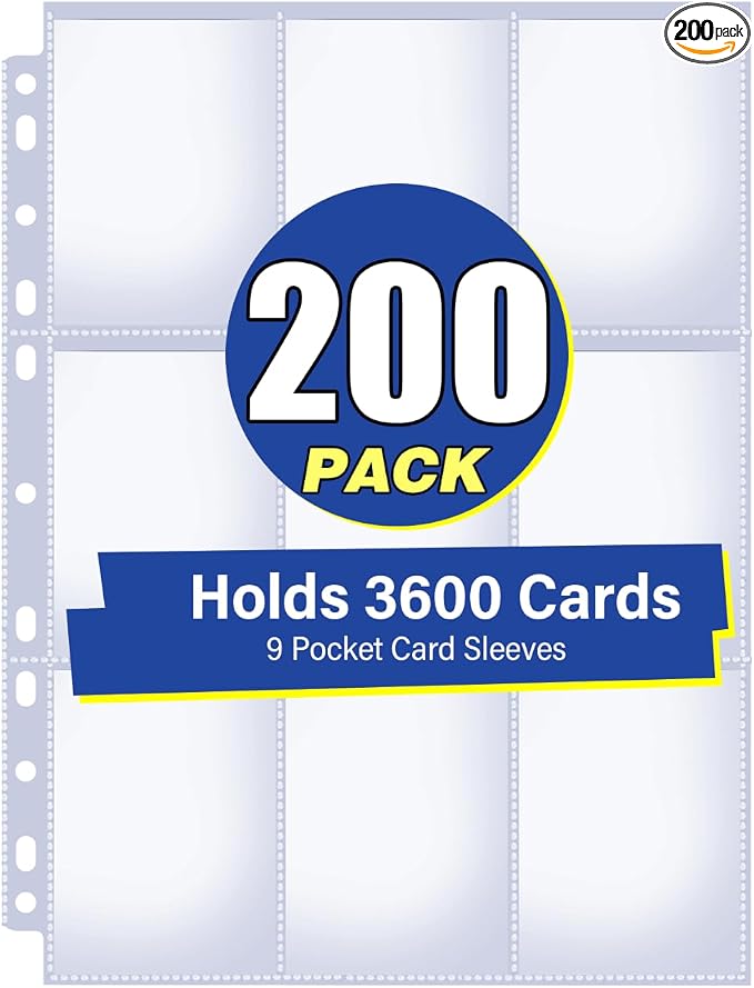 200 Pack 9 Pocket Card Sleeves Binder Sheets, Holds 3600 Cards, Trading Card by Unknown