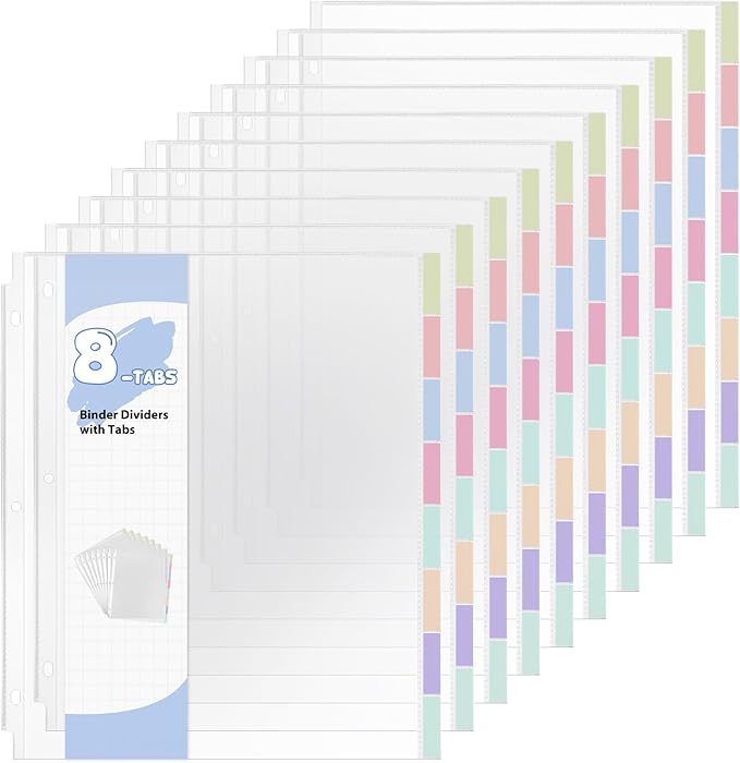 10 Sets 80Pcs Clear Sheet Protector Sleeves, Plastic 3 Ring Binder Dividers | by Prudiut