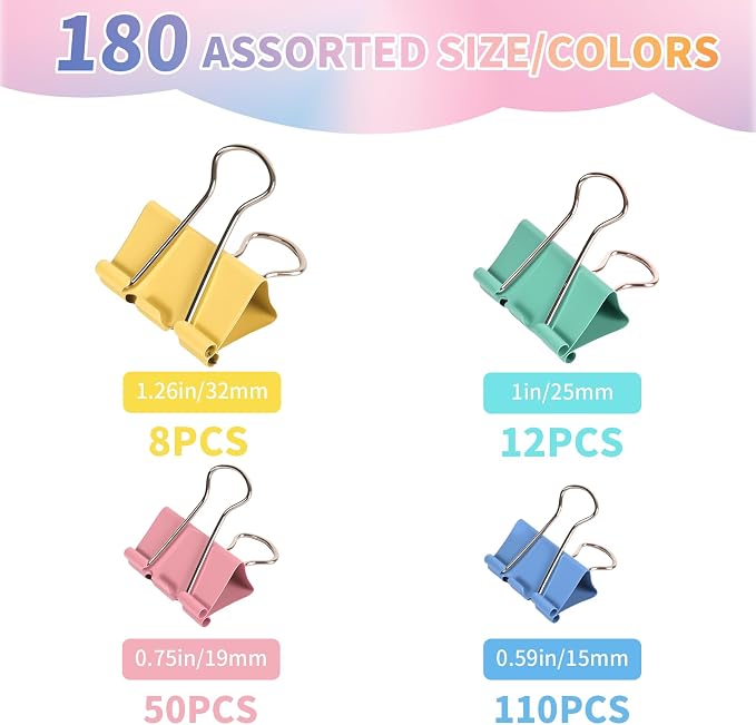 180Pcs Colorful Binder Clips Assorted Size, Metal Paper Clips - Image 4