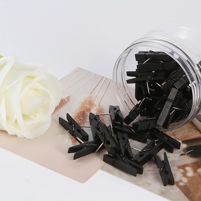 Black Push Pins, Spring-Loaded Wooden Clips | Damage-Free Cork Board Tacks - Image 4