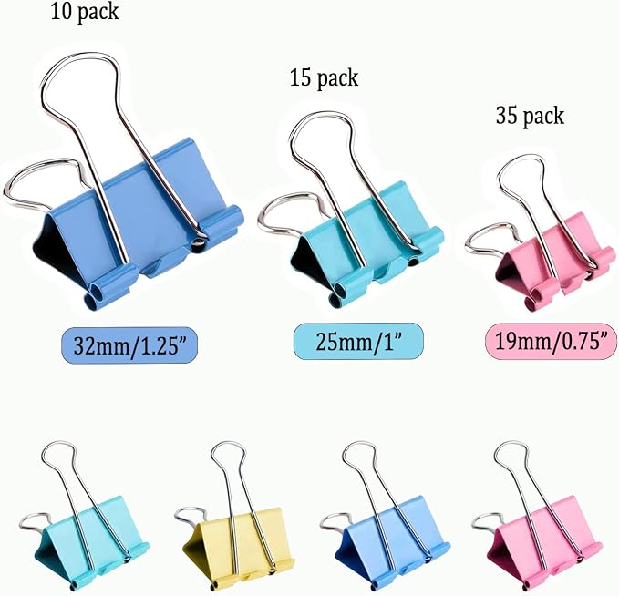 60pcs Colored Binder Clips Paper Clamps Assorted Size Small, Large Binder Paper - Image 2