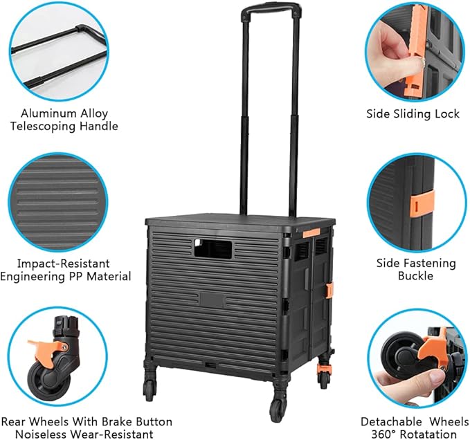 FELICON SELORSS Foldable Utility Cart Folding Portable Rolling Crate-Black | - Image 2
