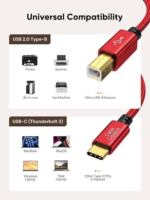 CableCreation USB B to USB C 6.6FT Printer Cable, MIDI Cable to USB C, Nylon - Image 6