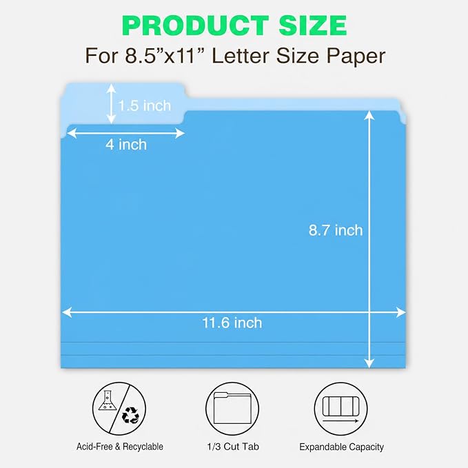 Blue File Folders 100 Pack, Letter Size 8.5 x 11, 1/3-Cut Tab Colored File - Image 2