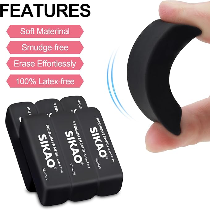 Black Erasers, 6 Pack Block Pencil Erasers | Latex-Free & Smudge-Free Beveled - Image 3