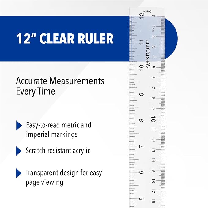Westcott Acrylic Clear Ruler, Easy-to-Read Markings, Scratch-Resistant Design - Image 2