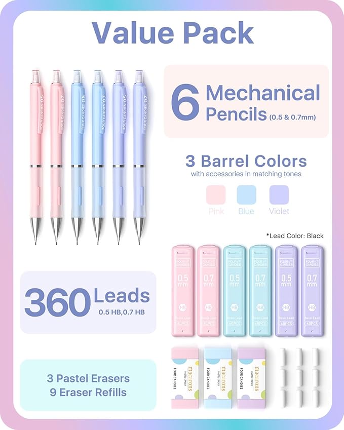 Four Candies Cute Pastel Mechanical Pencil Set, 6 Pack | 360 Lead Refills - Image 2