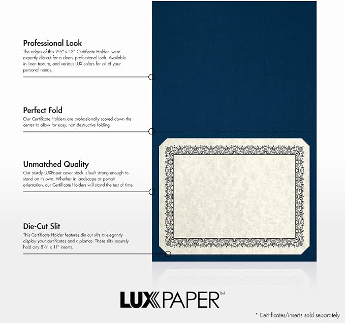 LUXPaper 9.5" x 12" Certificate Holders | Nautical Blue Linen | 100lb. Cover | - Image 2